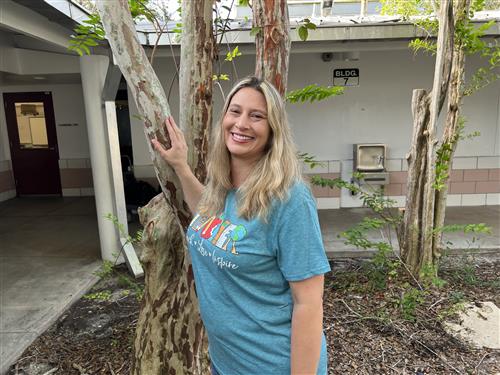 Mrs. Ownbey outside in the 1st grade courtyard