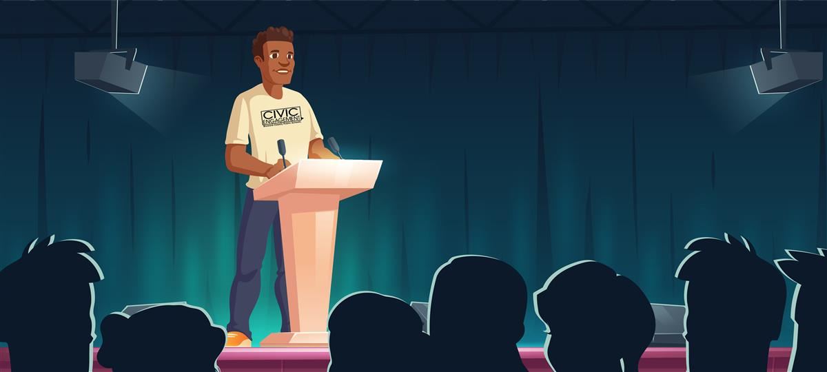 A young man stands in the spotlight before addressing a crowd. A young man stands in the spotlight before addressing a crowd.