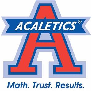 image is the letter A and has the word Acaletics across the letter. color of letter is red. image states Math. Trust. Results