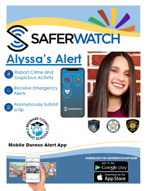 Alyssa's Alert Safer Watch, Report Crime and Suspicious Activity, Receive Emergency alerts, Anonymously Submit a Tip Flyer 