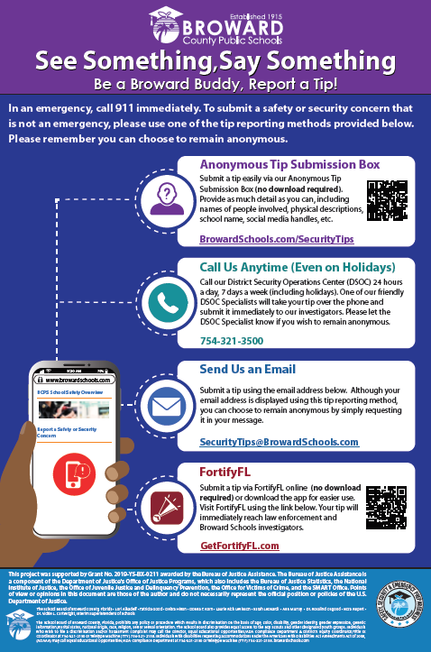 see something, say something, report a tip, anonymous, call, email, fortifyfl submit a safety flyer, blue and purple  