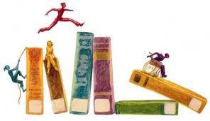Characters of students jumping, climbing, and rolling in a wheelchair over books 
