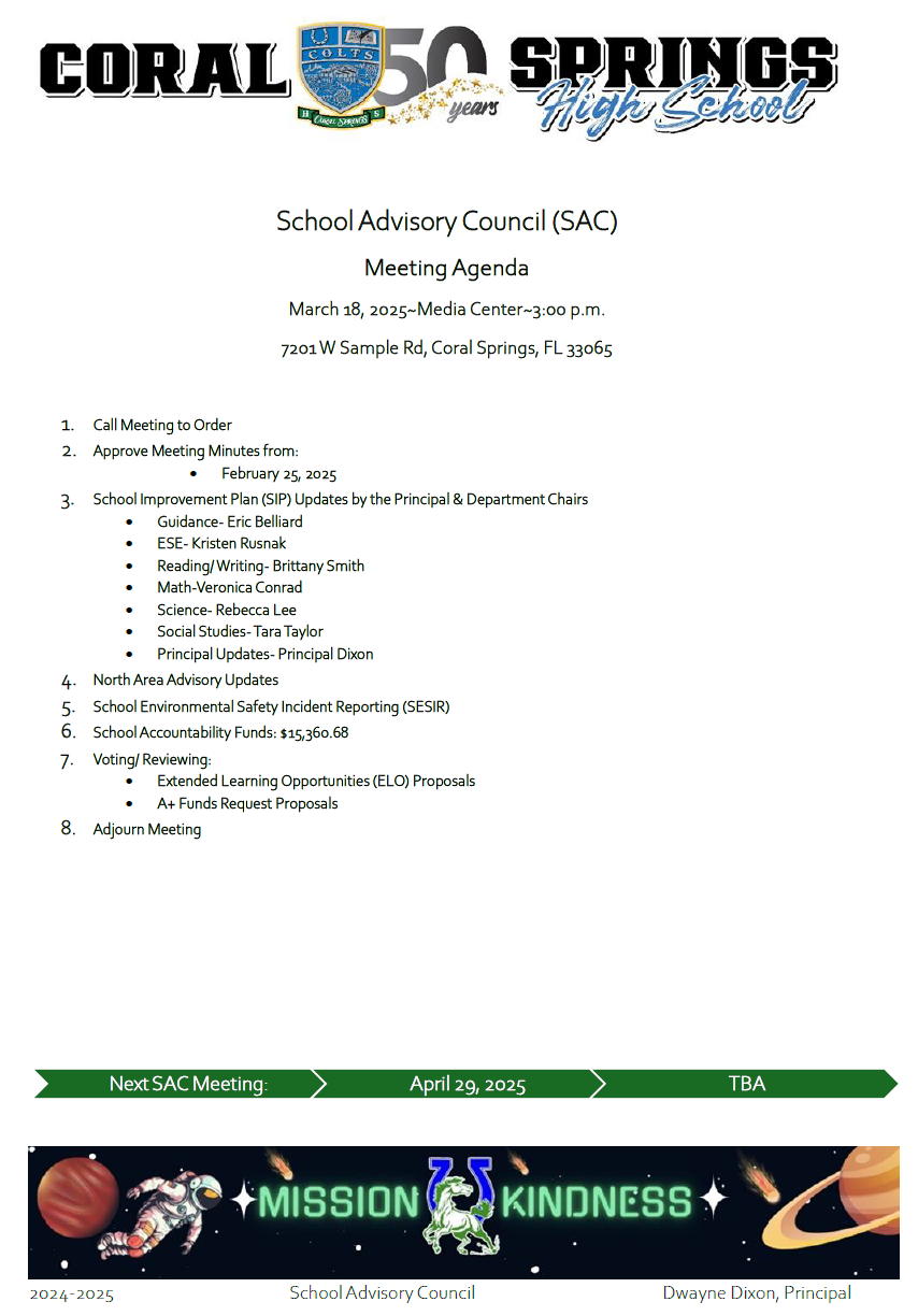  School Advisory Council (SAC) Meeting Agenda - 03/18/25