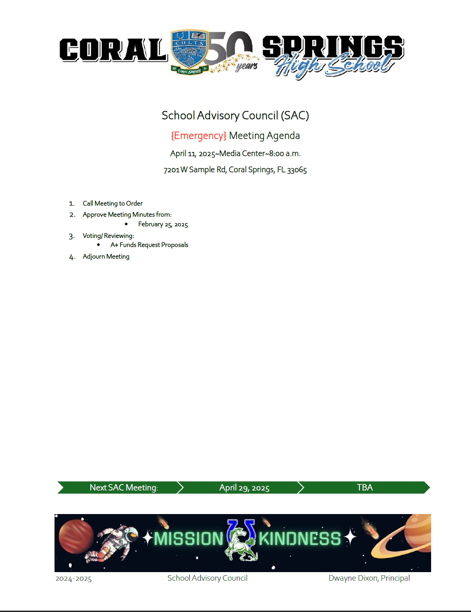  School Advisory Council (SAC) Meeting Agenda - 04/10/25