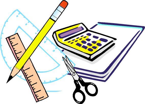 school supplies of pencil rules calculator and scissors