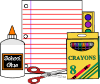 school supplies with glue and crayons