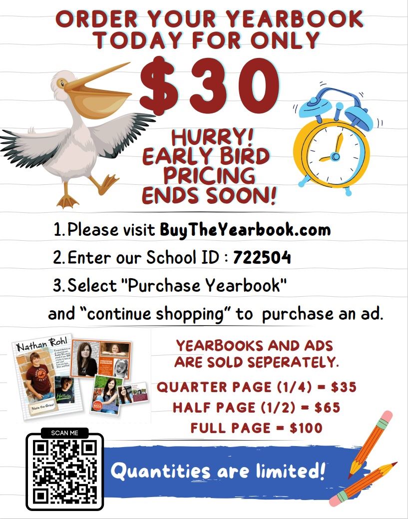  Yearbook Sale click here to go to www.BuyTheYearbook.com and use school ID 722504 